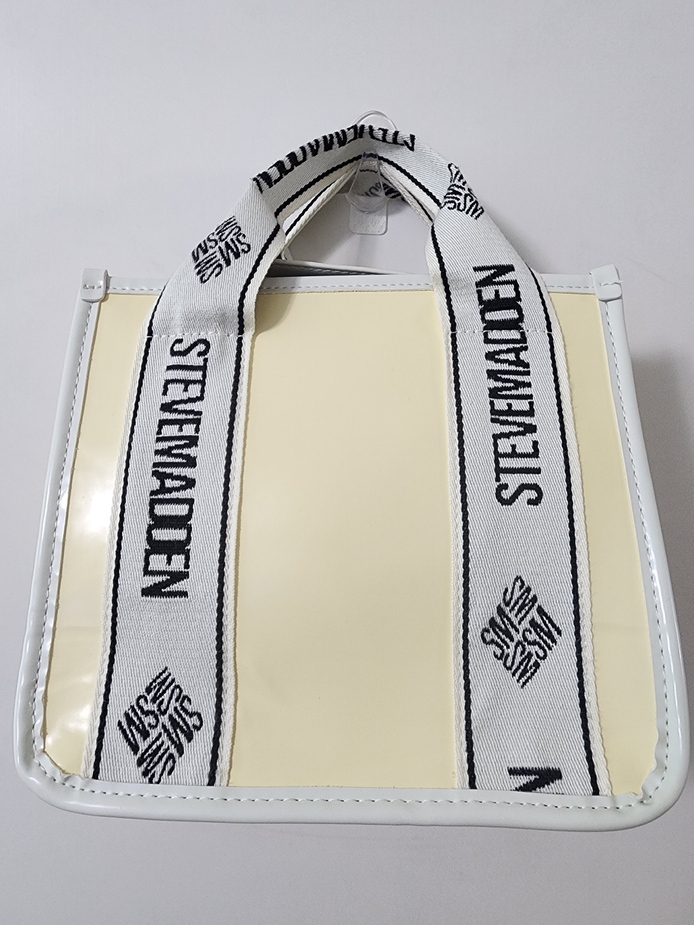Steve Madden Mini Tote Bag Cream Structured Top Handle Logo Strap - Picture 6 of 7